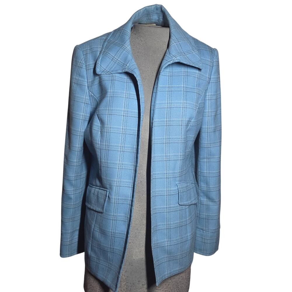 Blue Plaid Wool Open Front Blazer Jacket Size 10